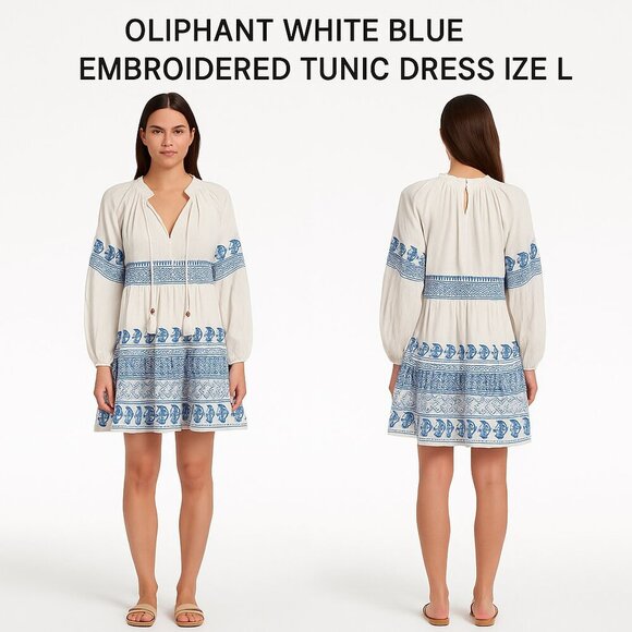 OLIPHANT WHITE BLUE EMBROIDERED TUNIC DRESS SIZE L - Picture 1 of 11